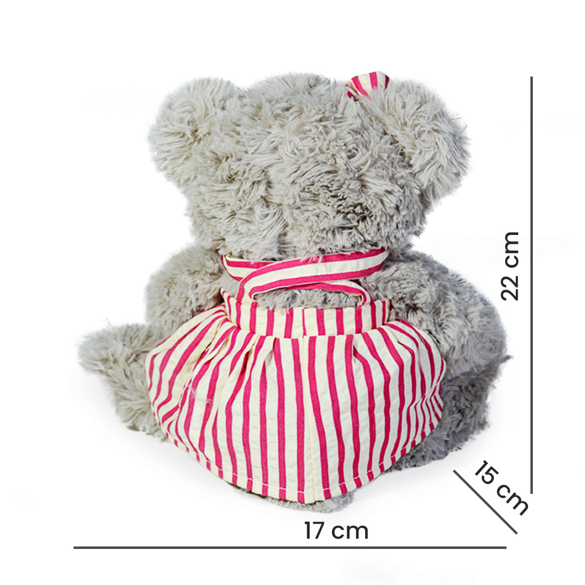 Osita Pasita Peluche 22cm Café con Vestido Rayas y Moño Rosa