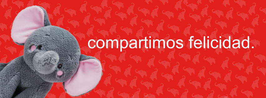 Banner de D’Peluche con el mensaje “Compartimos felicidad” y colección de peluches.