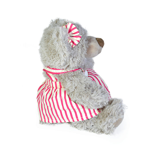 Osita Pasita Peluche 22cm Café con Vestido Rayas y Moño Rosa