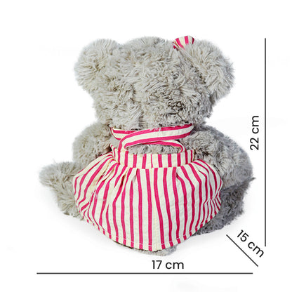 Osita Pasita Peluche 22cm Café con Vestido Rayas y Moño Rosa