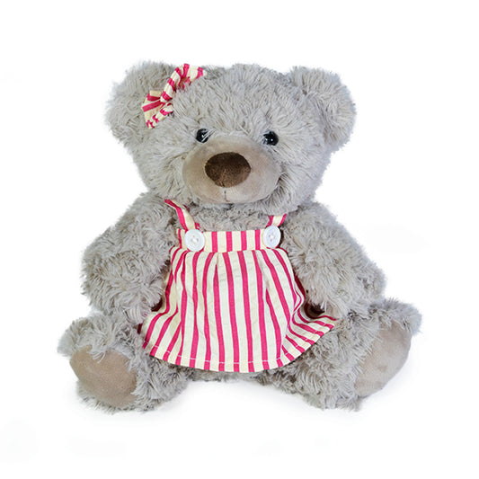Osita Pasita Peluche 22cm Café con Vestido Rayas y Moño Rosa